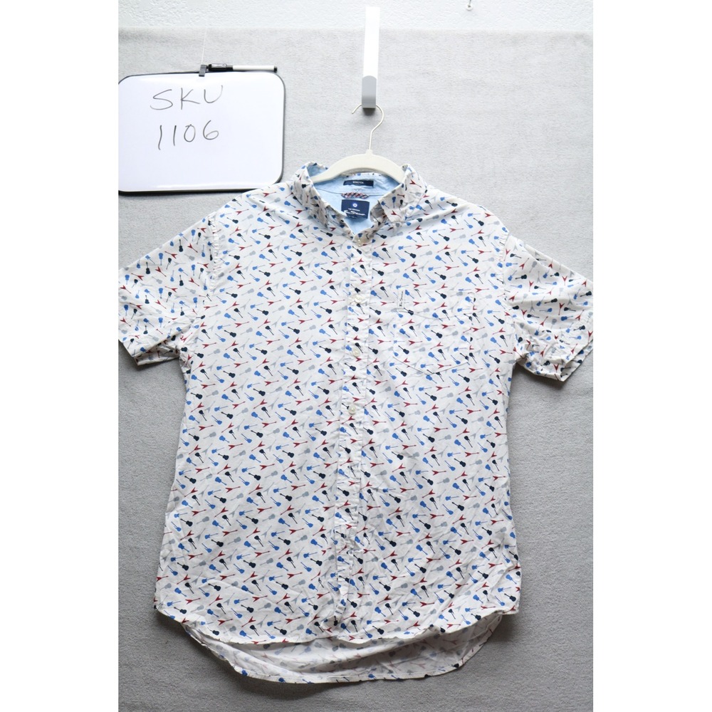 Ben Sherman Shirt Mens M White Guitar Print Short Sleeve Button Down Stretch